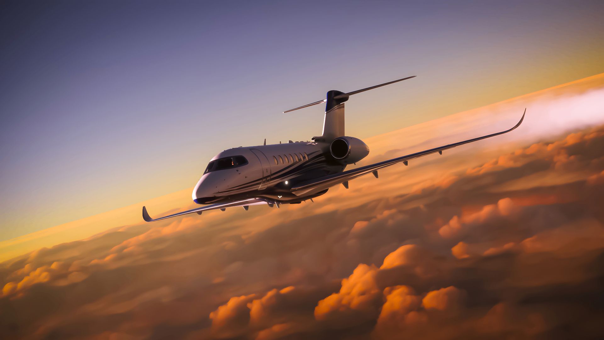 Private jet on the runway at sunset