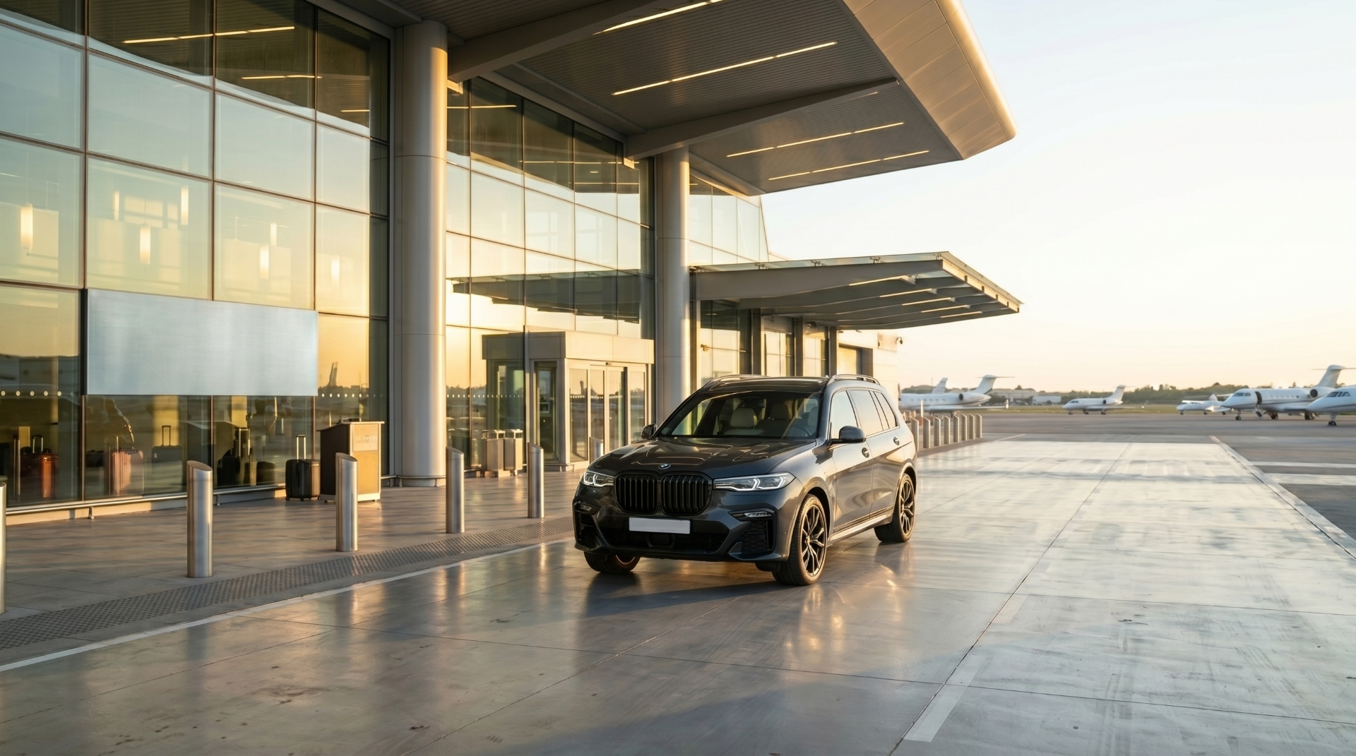 BMW X7 at the private terminal building with jets in the background
