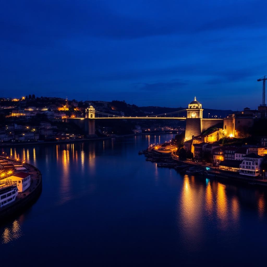 Douro river and bridge in Porto in the evening